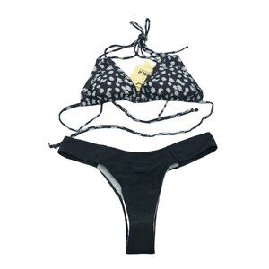 SSLR Bikini Set String Ties Ruched Very Cheeky Floral Removable Cups Black M